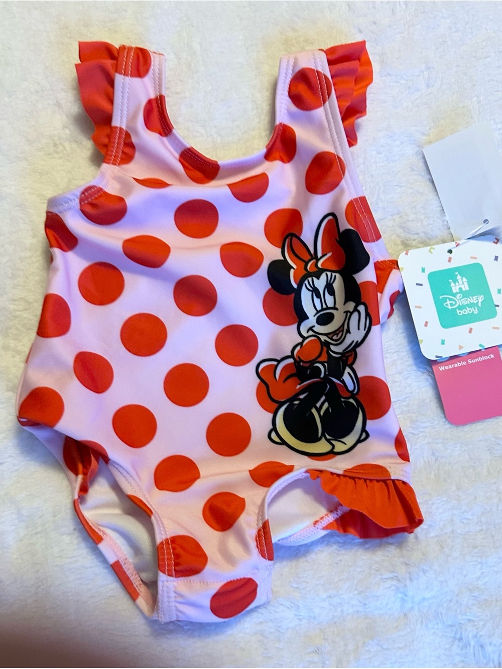 Disney Baby Minnie Mouse Pink Swimsuit with Red Polka Dots